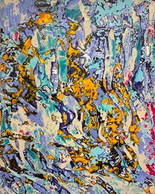Painting by Greg Angus: an abstract field of lilac, turquoise and orange marks over a pale ground